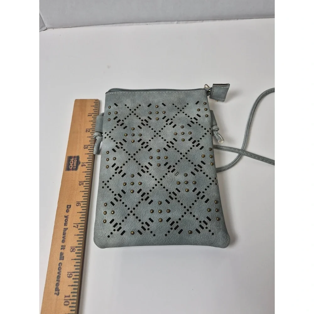 Stay Beautiful Laser Cut Studded Crossbody Phone Bag Blue Faux Suede boho